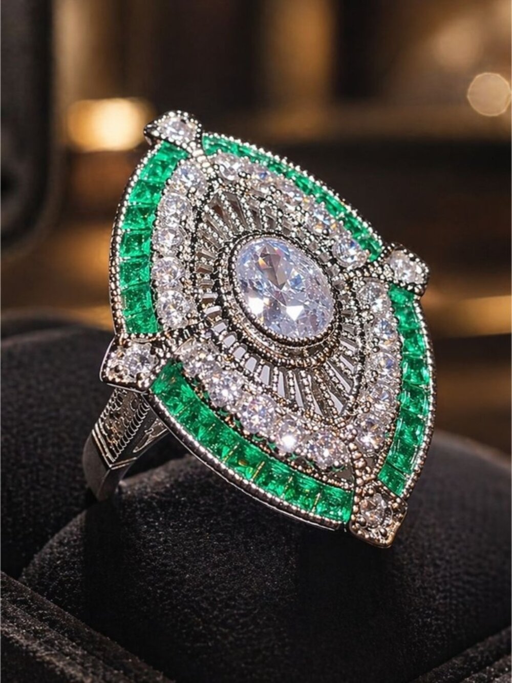 Luxury Elegant Green and Silver Marquise Cocktail Ring